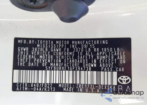 2016 Toyota Corolla S Plus z USA, uszkodzony, nr VIN 5YFBURHE1GP394738